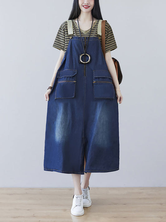 Women Casual Vintage Washed Denim Wide-leg Jumpsuits AT1041 BUYKUD