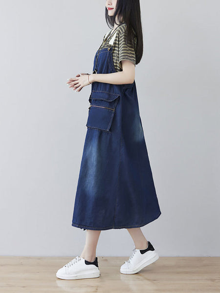 Women Casual Vintage Washed Denim Wide-leg Jumpsuits AT1041 BUYKUD