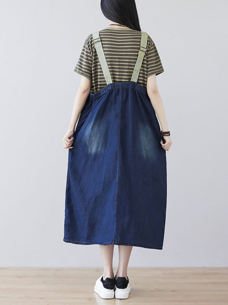 Women Casual Vintage Washed Denim Wide-leg Jumpsuits AT1041 BUYKUD