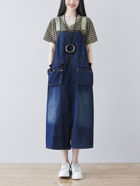Women Casual Vintage Washed Denim Wide-leg Jumpsuits AT1041 BUYKUD