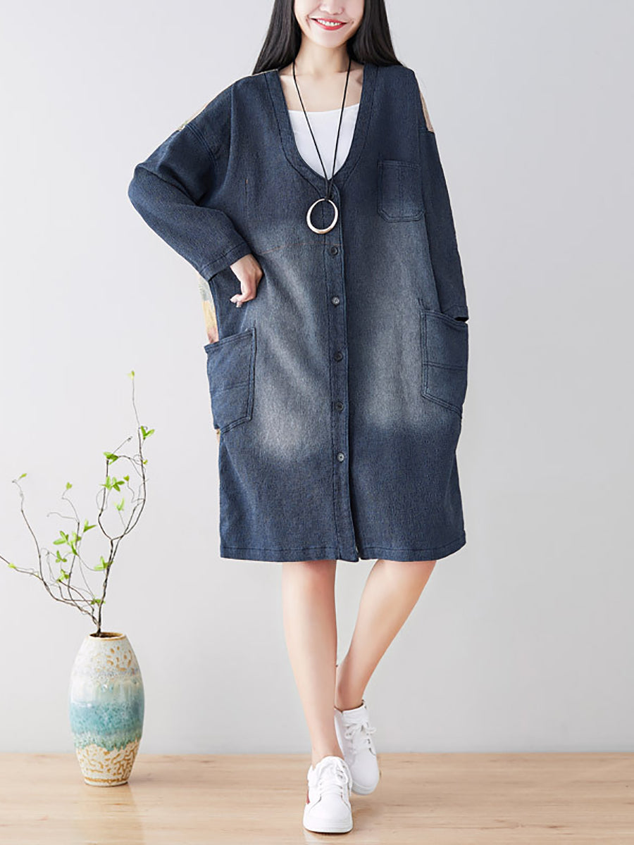 Women Spring Casual Back Spliced Pokcet Loose Coat AT1042 BUYKUD