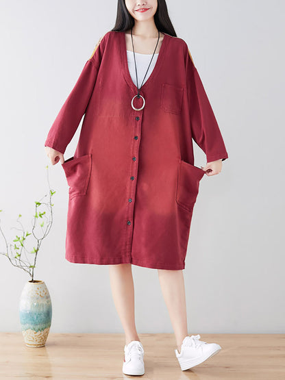 Women Spring Casual Back Spliced Pokcet Loose Coat AT1042 BUYKUD