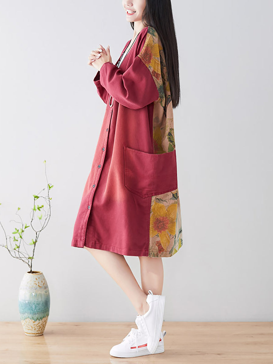 Women Spring Casual Back Spliced Pokcet Loose Coat AT1042 BUYKUD