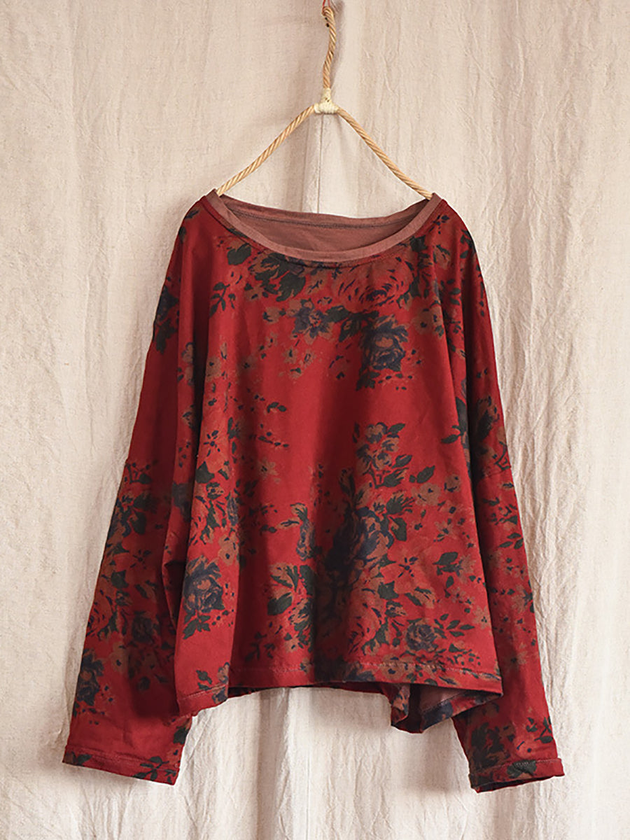 Women Vintage Flower O-Neck Loose Cotton Linen Blouse AS1009 BUYKUD