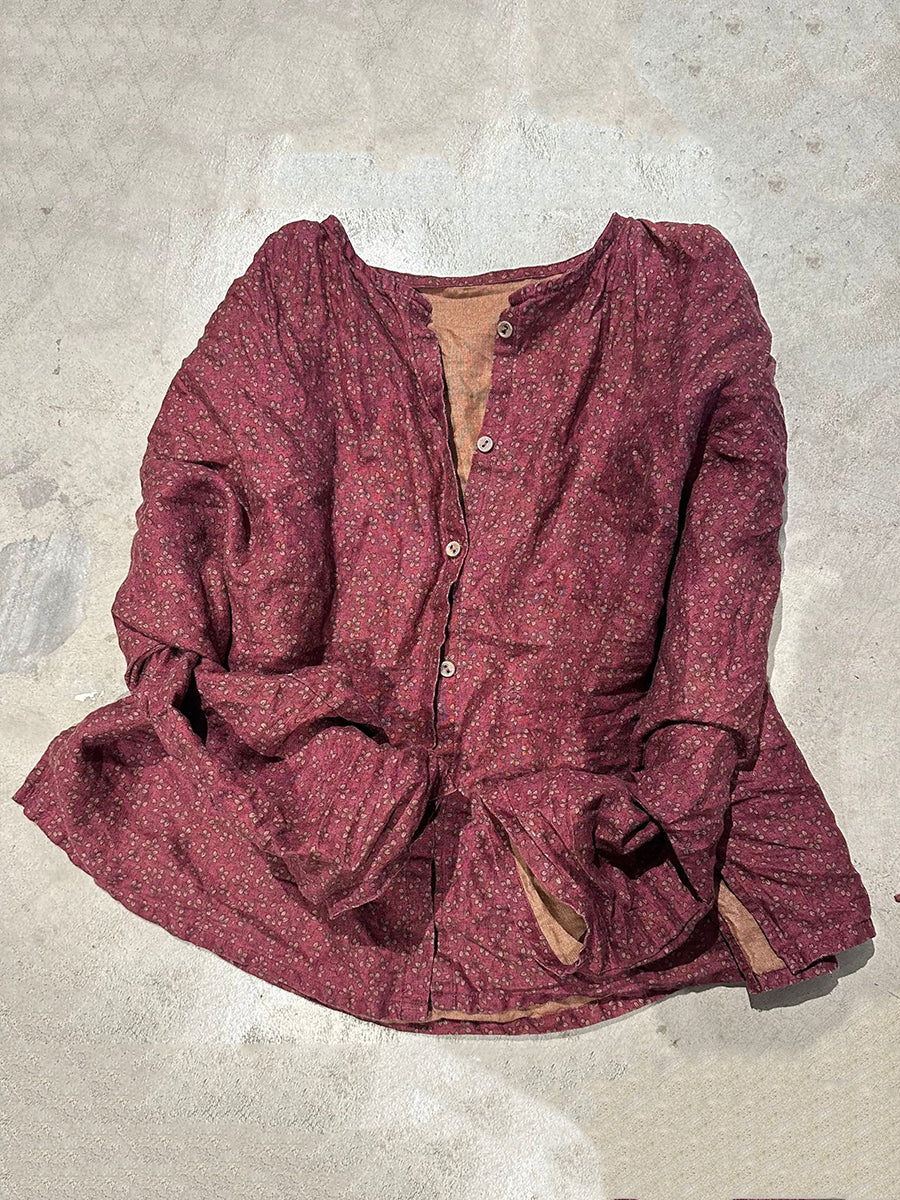 Women Autumn Artsy Floral Button O-Neck Linen Blouse RR006 SNXY
