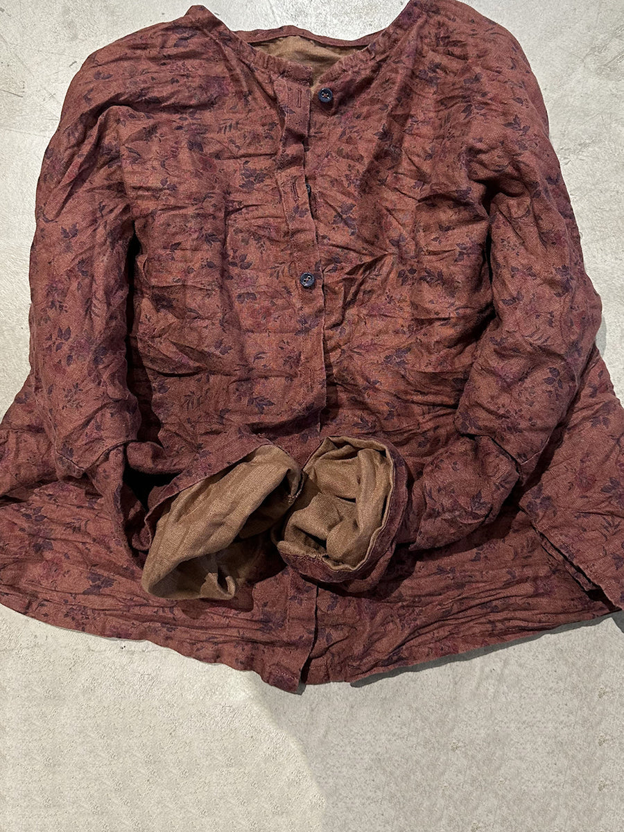 Women Autumn Artsy Floral Button O-Neck Linen Blouse RR006 SNXY