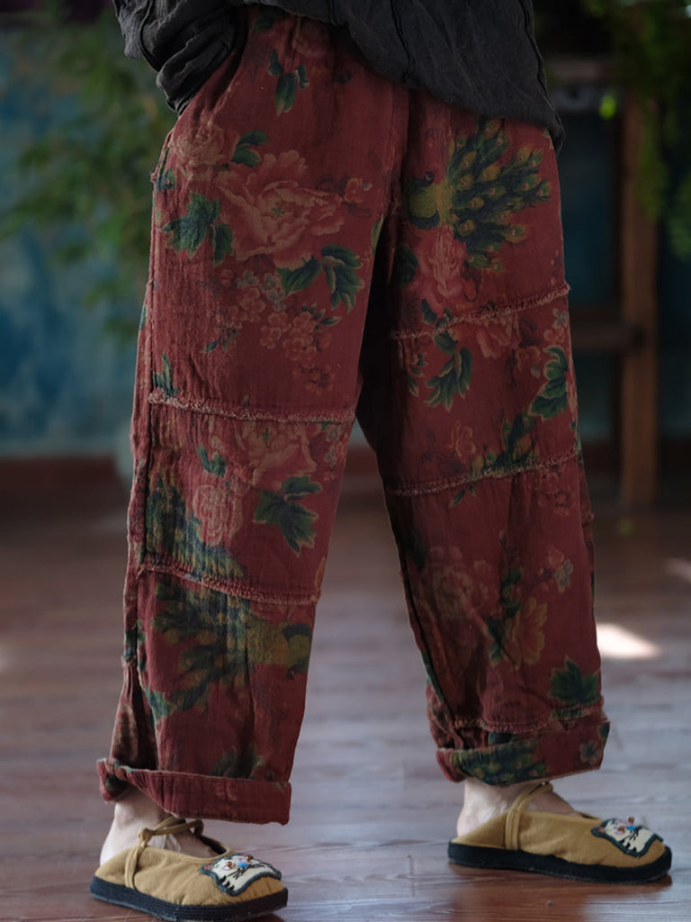 Women Autumn Retro Flower Spliced Cotton Wide-leg Pants AT1024 JSHY