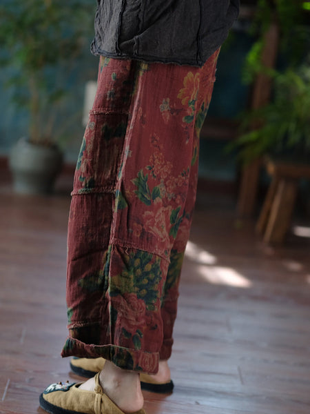 Women Autumn Retro Flower Spliced Cotton Wide-leg Pants AT1024 JSHY