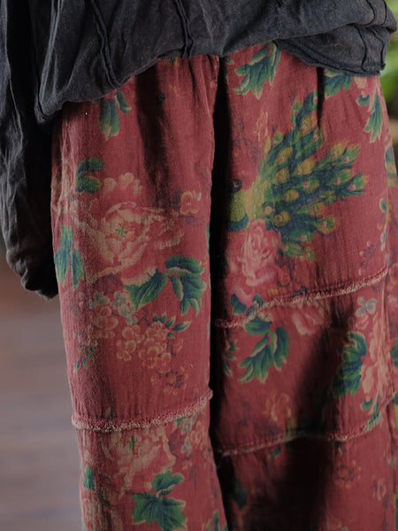 Women Autumn Retro Flower Spliced Cotton Wide-leg Pants AT1024 JSHY