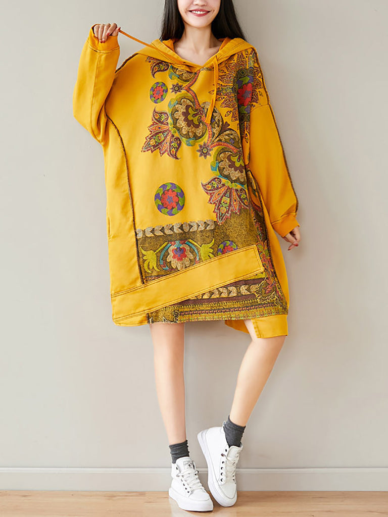 Women Autumn Casual Flower Spliced Hem Hooded Dress AT1021 BUYKUD