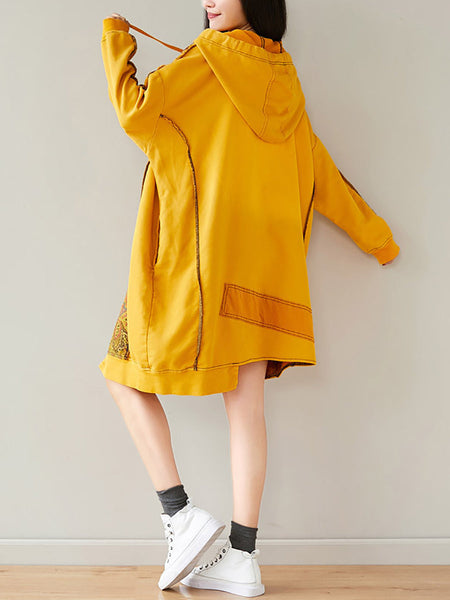 Women Autumn Casual Flower Spliced Hem Hooded Dress AT1021 BUYKUD