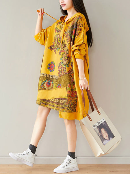 Women Autumn Casual Flower Spliced Hem Hooded Dress AT1021 BUYKUD