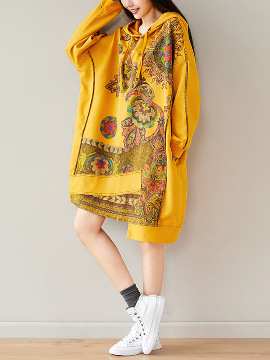 Women Autumn Casual Flower Spliced Hem Hooded Dress AT1021 BUYKUD