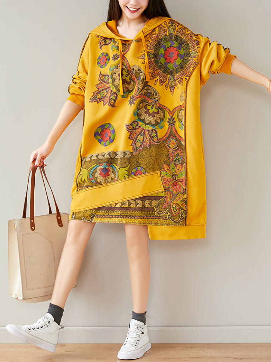 Women Autumn Casual Flower Spliced Hem Hooded Dress AT1021 BUYKUD