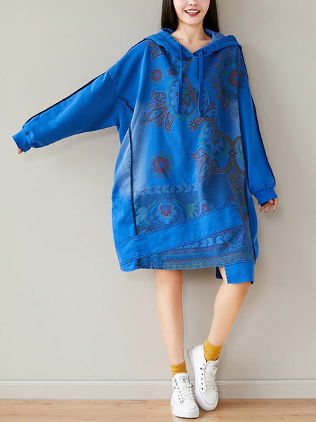 Women Autumn Casual Flower Spliced Hem Hooded Dress AT1021 BUYKUD