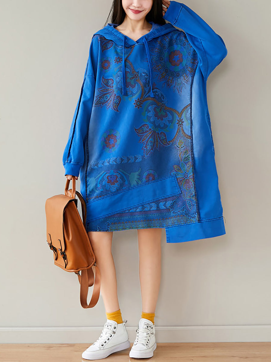 Women Autumn Casual Flower Spliced Hem Hooded Dress AT1021 BUYKUD