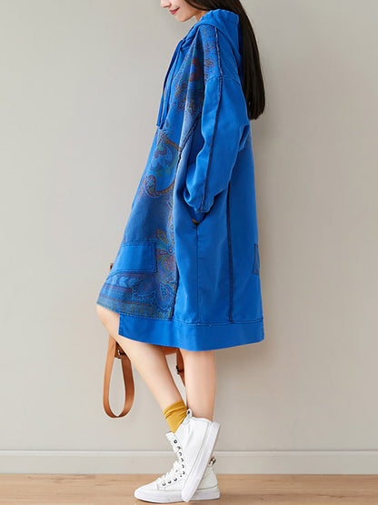 Women Autumn Casual Flower Spliced Hem Hooded Dress AT1021 BUYKUD