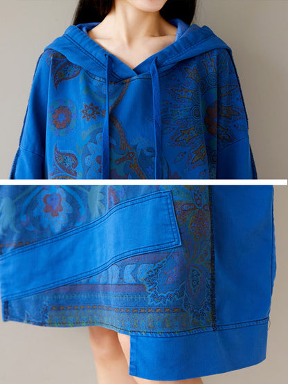 Women Autumn Casual Flower Spliced Hem Hooded Dress AT1021 BUYKUD