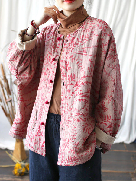 Women Autumn Artsy Leaf O-Neck Cotton Shirt Blouse AT1019 BK