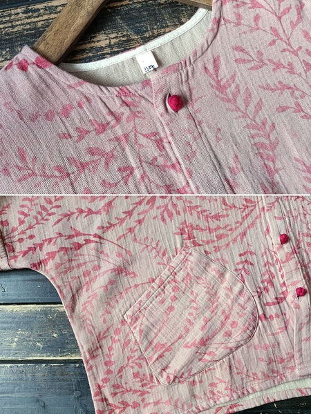 Women Autumn Artsy Leaf O-Neck Cotton Shirt Blouse AT1019 BK