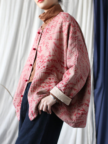 Women Autumn Artsy Leaf O-Neck Cotton Shirt Blouse AT1019 BK