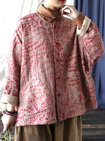 Women Autumn Artsy Leaf O-Neck Cotton Shirt Blouse AT1019 BK