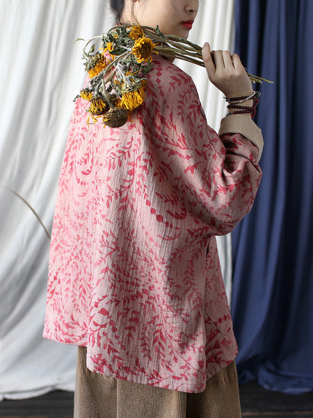 Women Autumn Artsy Leaf O-Neck Cotton Shirt Blouse AT1019 BK