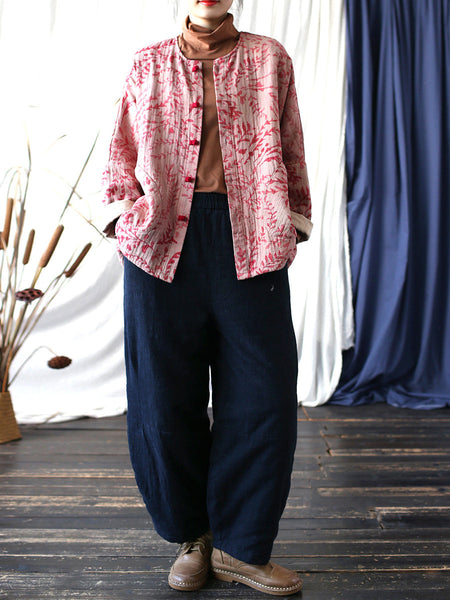 Women Autumn Artsy Leaf O-Neck Cotton Shirt Blouse AT1019 BK