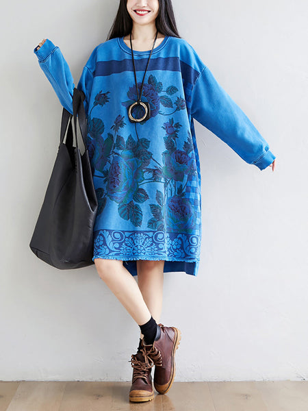 Women Autumn Casual Flower Knee Length O-Neck Dress AT1020 YTLSFZ