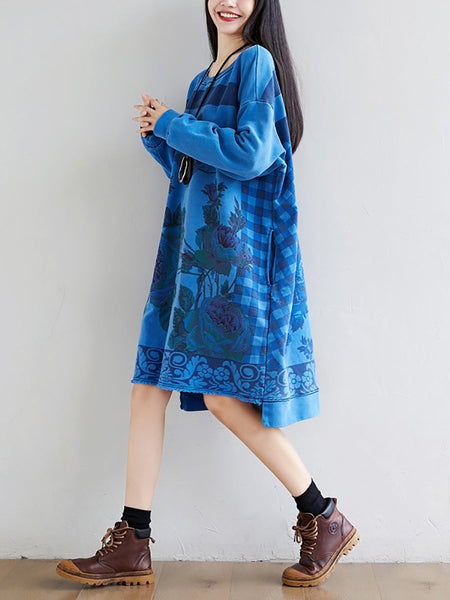 Women Autumn Casual Flower Knee Length O-Neck Dress AT1020 YTLSFZ