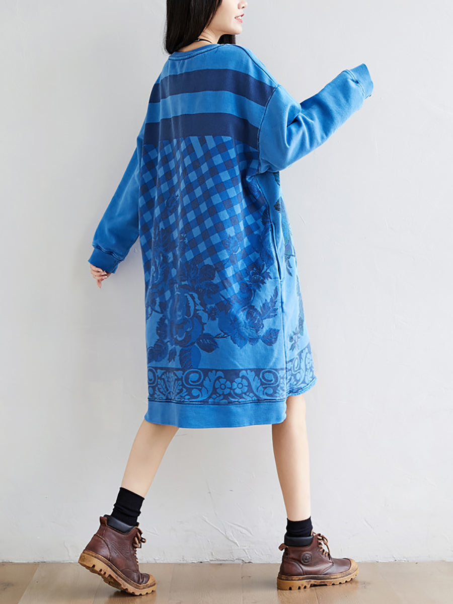 Women Autumn Casual Flower Knee Length O-Neck Dress AT1020 YTLSFZ