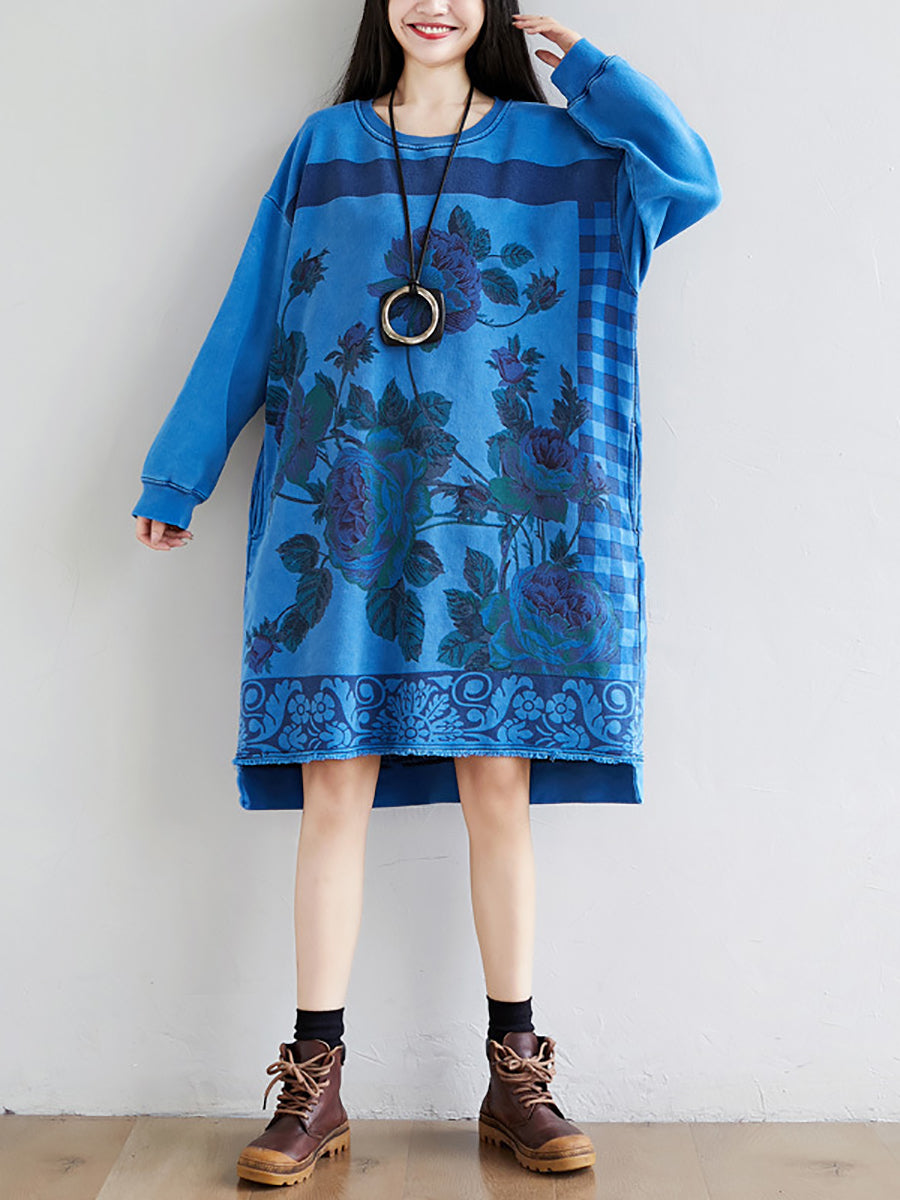 Women Autumn Casual Flower Knee Length O-Neck Dress AT1020 YTLSFZ