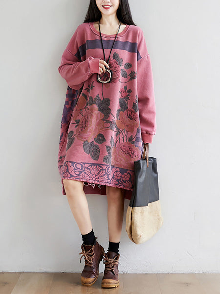 Women Autumn Casual Flower Knee Length O-Neck Dress AT1020 YTLSFZ