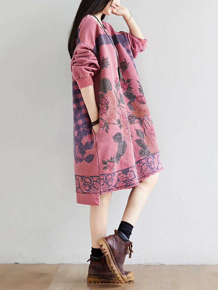 Women Autumn Casual Flower Knee Length O-Neck Dress AT1020 YTLSFZ