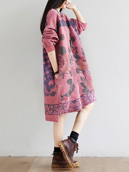 Women Autumn Casual Flower Knee Length O-Neck Dress AT1020 YTLSFZ