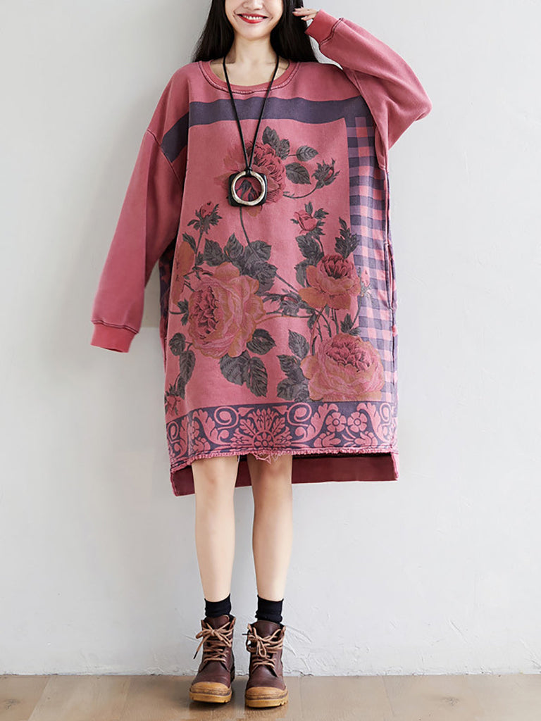 Women Autumn Casual Flower Knee Length O-Neck Dress AT1020 YTLSFZ