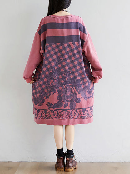 Women Autumn Casual Flower Knee Length O-Neck Dress AT1020 YTLSFZ