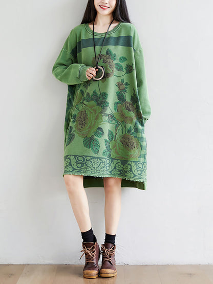 Women Autumn Casual Flower Knee Length O-Neck Dress AT1020 YTLSFZ