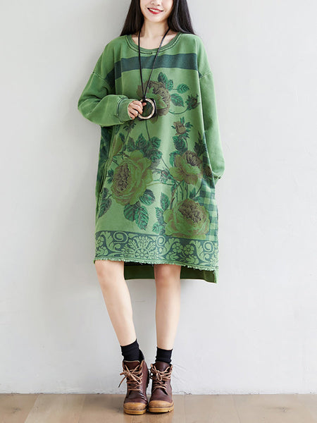 Women Autumn Casual Flower Knee Length O-Neck Dress AT1020 YTLSFZ