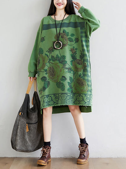 Women Autumn Casual Flower Knee Length O-Neck Dress AT1020 YTLSFZ