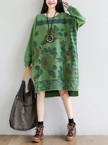 Women Autumn Casual Flower Knee Length O-Neck Dress AT1020 YTLSFZ