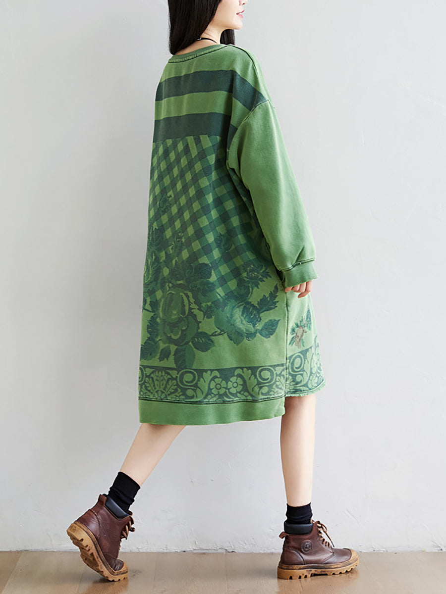 Women Autumn Casual Flower Knee Length O-Neck Dress AT1020 YTLSFZ