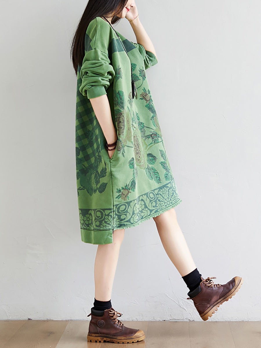 Women Autumn Casual Flower Knee Length O-Neck Dress AT1020 YTLSFZ