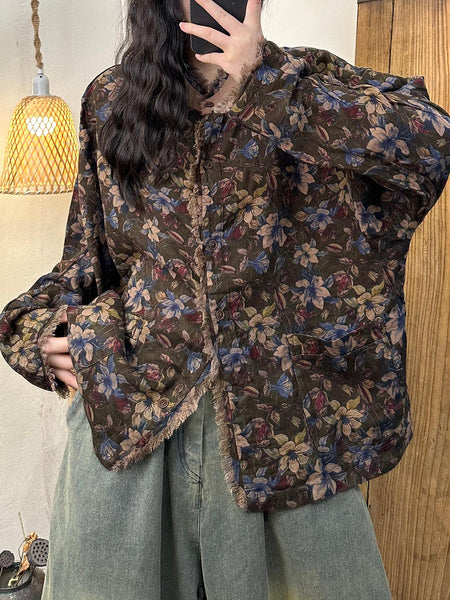 Women Autumn Flower Raw-edge Spliced Cotton Shirt AT1023 BUYKUD