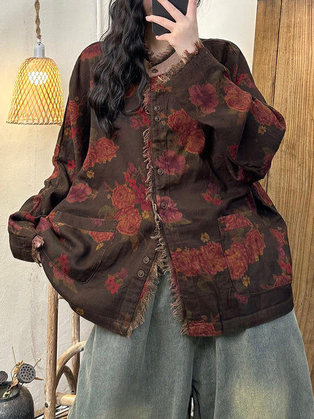 Women Autumn Flower Raw-edge Spliced Cotton Shirt AT1023 BUYKUD