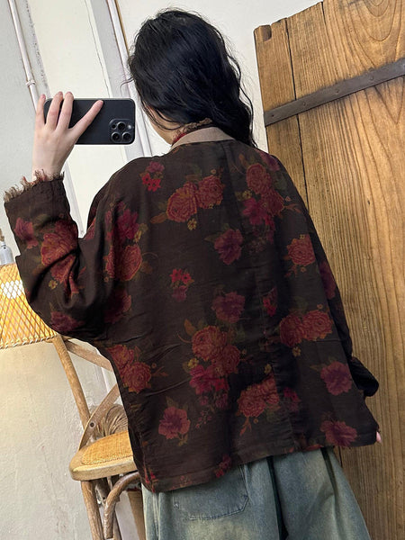 Women Autumn Flower Raw-edge Spliced Cotton Shirt AT1023 BUYKUD