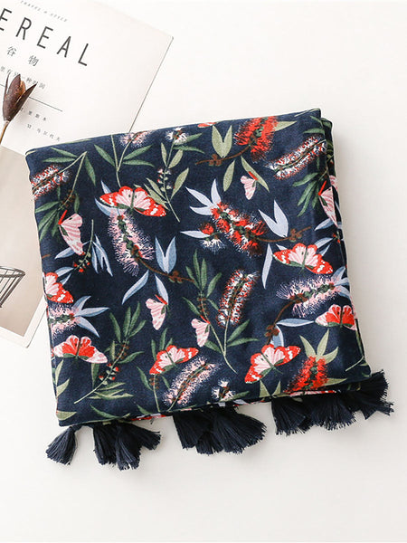 Women Artsy Butterfly Flower Tassel Shawl Scarf AT1011 BUYKUD