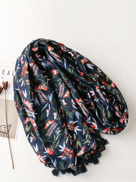 Women Artsy Butterfly Flower Tassel Shawl Scarf AT1011 BUYKUD