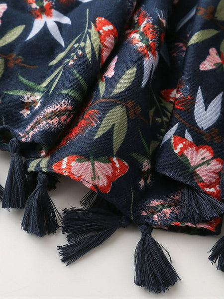 Women Artsy Butterfly Flower Tassel Shawl Scarf AT1011 BUYKUD