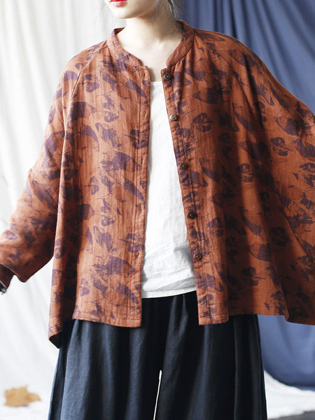 Women Autumn Artsy Leaf Stand Collar Cotton Coat AS1008 BUYKUD